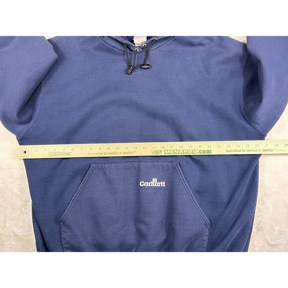 VTG 90s Carhartt Hoodie Pullover Spellout Sweatshirt Workwear K132 Navy Mens 2XL - Picture 4 of 8